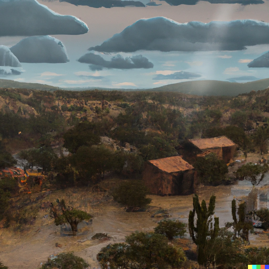 Prompt: A semi-arid landscape on an evening. In the middle of the landscape a small old-style mexican village is visible. Its raining. Realistic, vray.