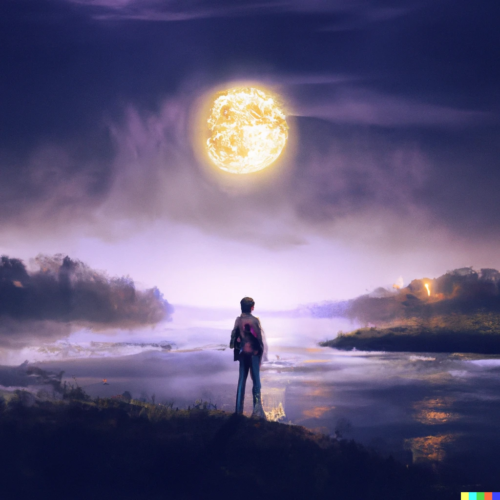 Prompt: Person standing on the rever bank in the dark night with full moon, lo-fi style digital art.