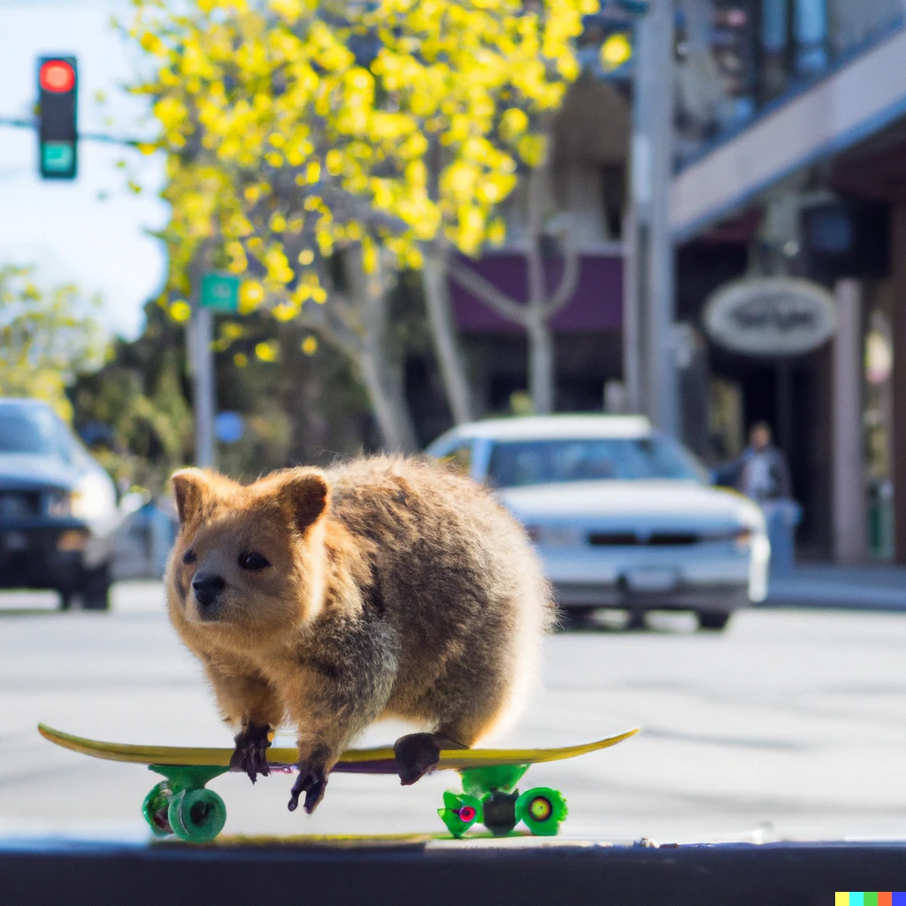 Prompt: A Quokka riding a skateboard on the streets of Oakland, California 