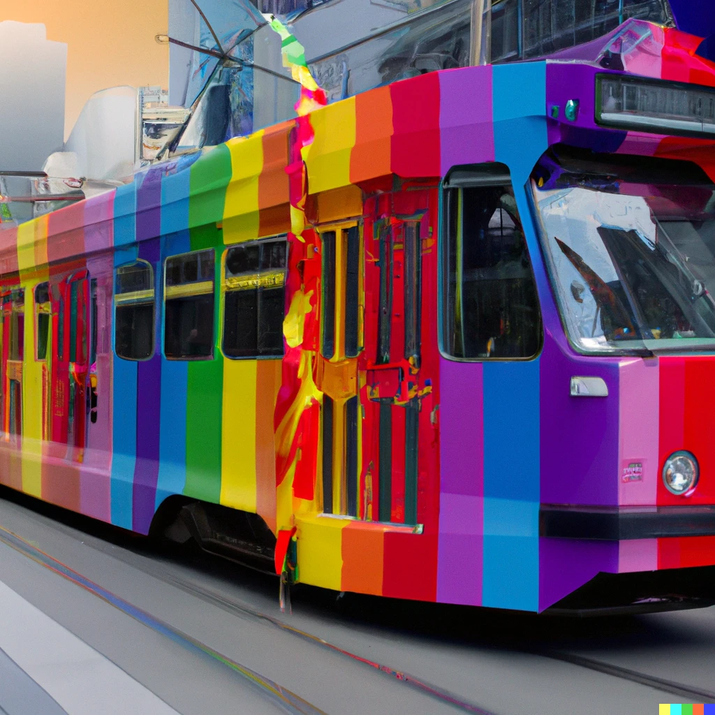 Prompt: Melbourne Tram painted in colours of the pride flag