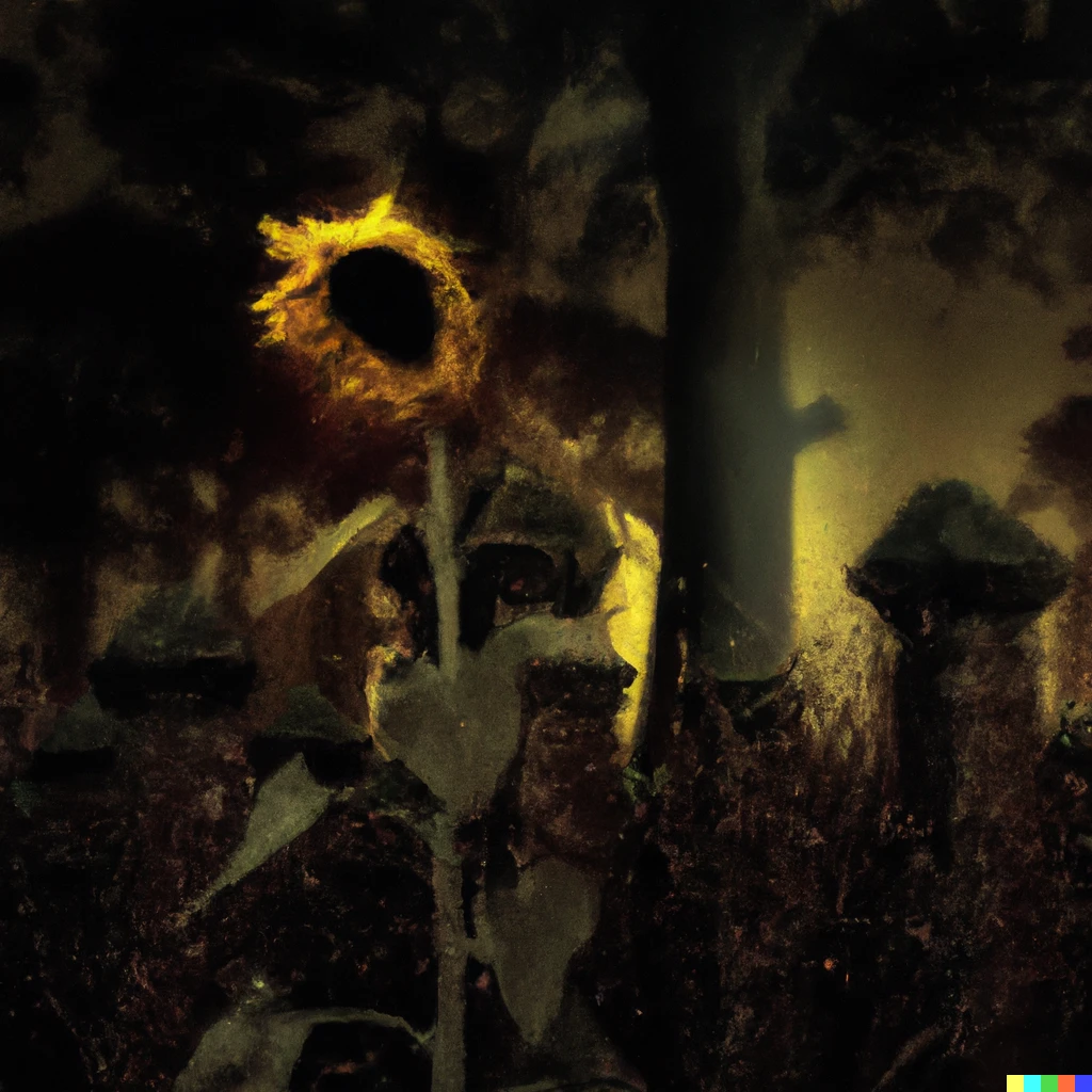 Prompt: dark fantasy dsigital art of a sunflower in a graveyard