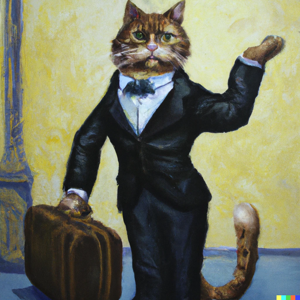 Prompt: An oil painting of a Maine cat in a suit and a suitcase standing upright while doing an Italian hand gesture
