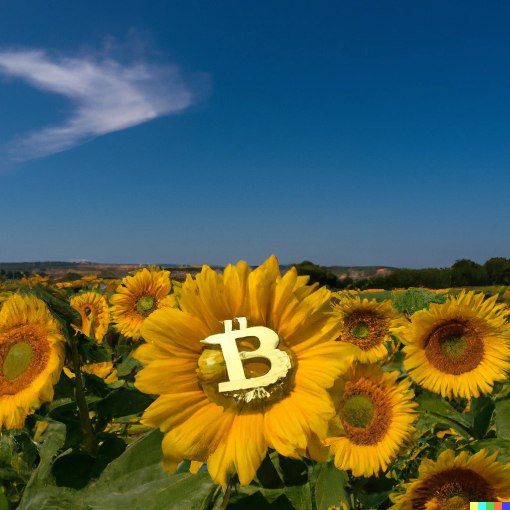 Prompt: A thousand sunflowers in La toscana Italy, and bitcoin in the blue sky [ 897