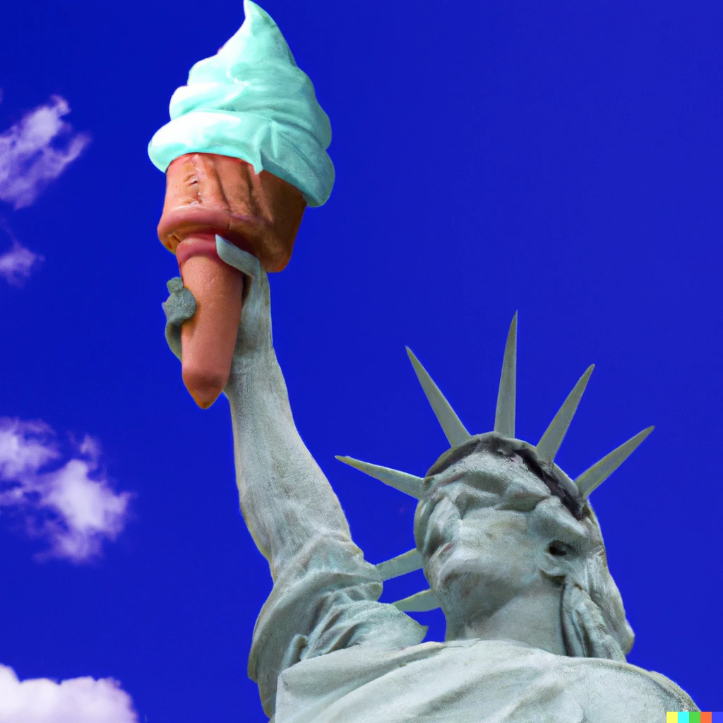 Prompt: Statue of Liberty holding a melted ice cream cone