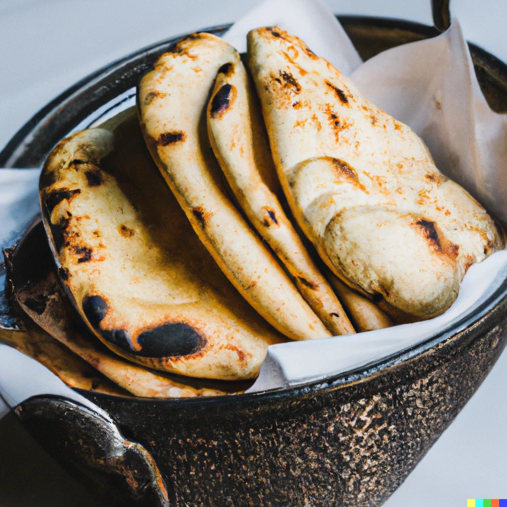 Prompt: A basket of fresh naan from a Michelin Star restaurant, award-winning food photography