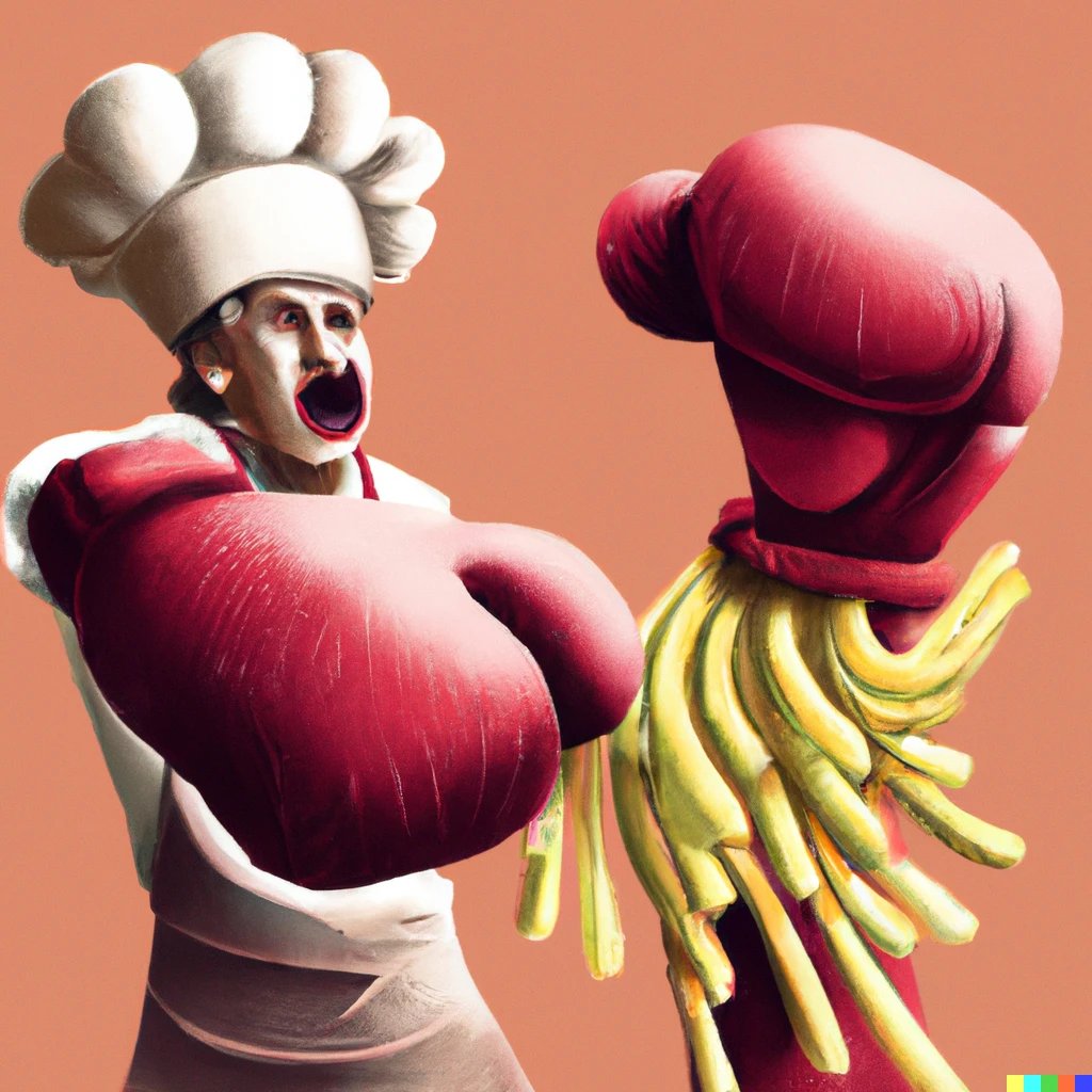 Prompt: A chef with boxing gloves vs. a man made of spaghetti, digital art