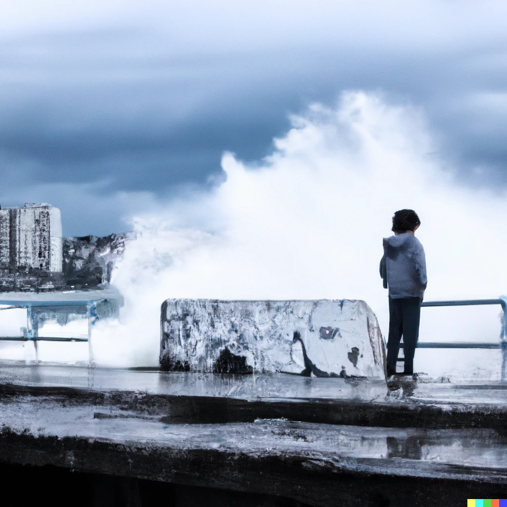 Prompt: A child standing in front of the see waiting for a big wave hit the city