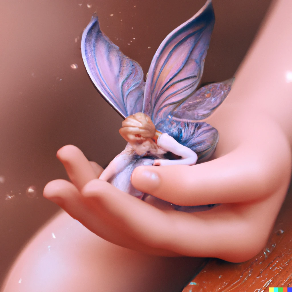 Prompt: close-up, small winged fairy sitting on outstreched hands, professional digital art trending on Artstation