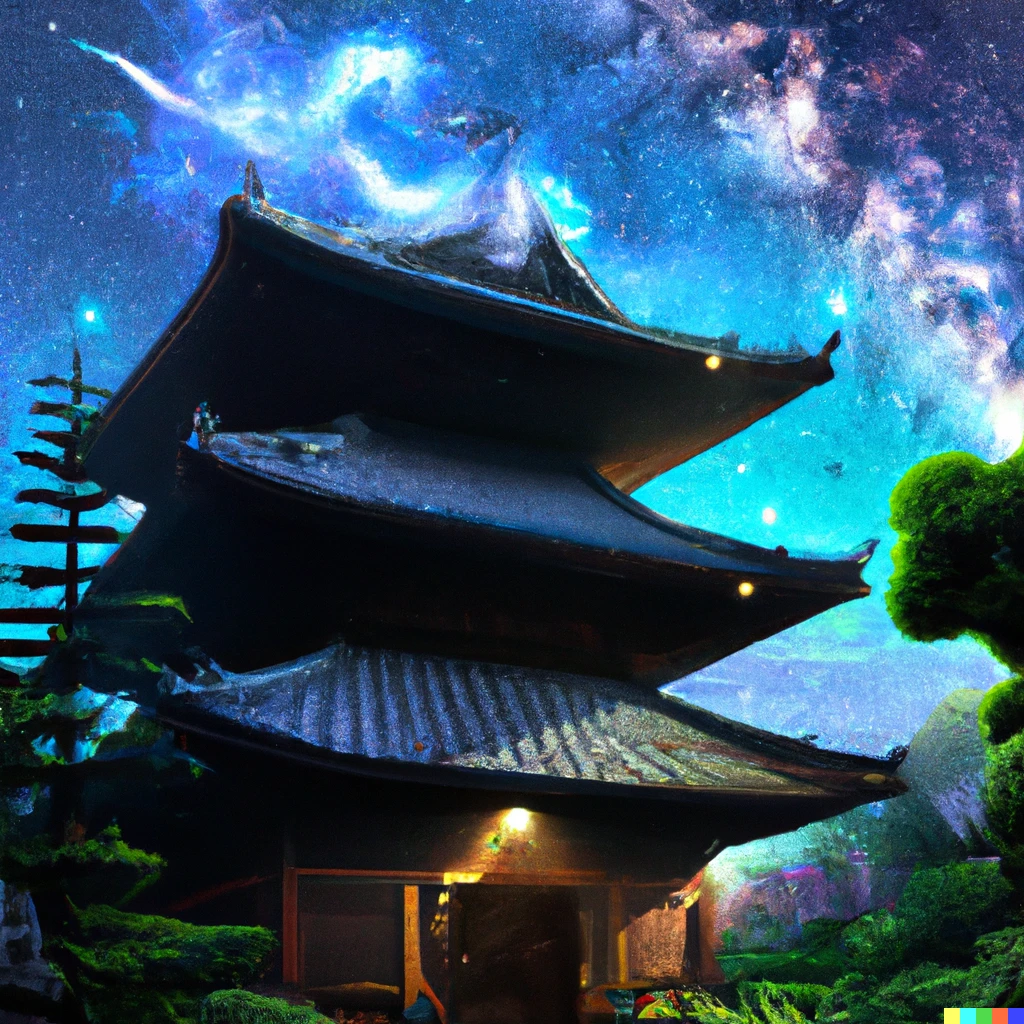 Prompt: A japanese temple with the sky replaced with the universe, digital art
