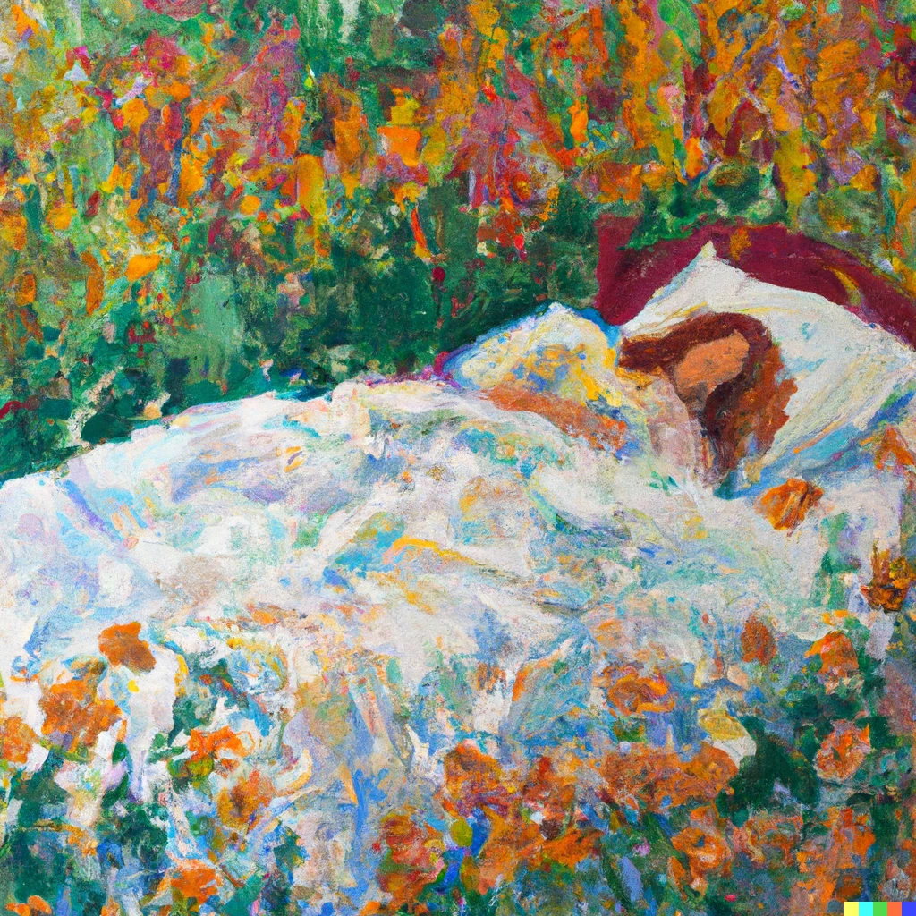 Prompt: An Impressionist painting of a woman sleeping in a bed that it's set in a field of wildflowers. 