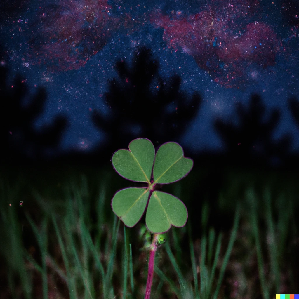 Prompt: A four leaf clover sitting underneath the night sky in a field