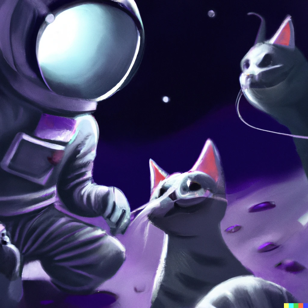 Prompt: an astronaut talking to alien cats in space, digital art