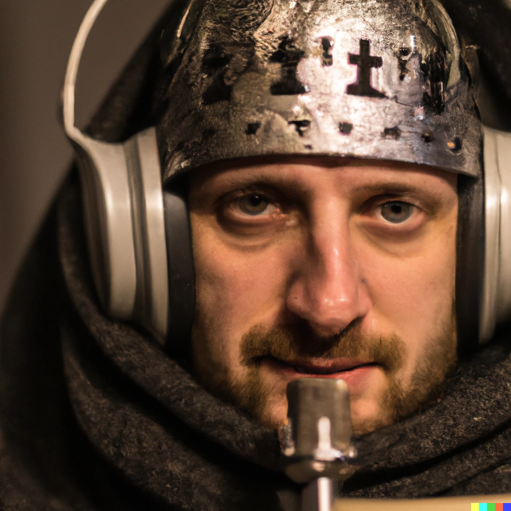 Prompt: a 13th century knight that started a podcast, medium close up, f1.4 very detailed 