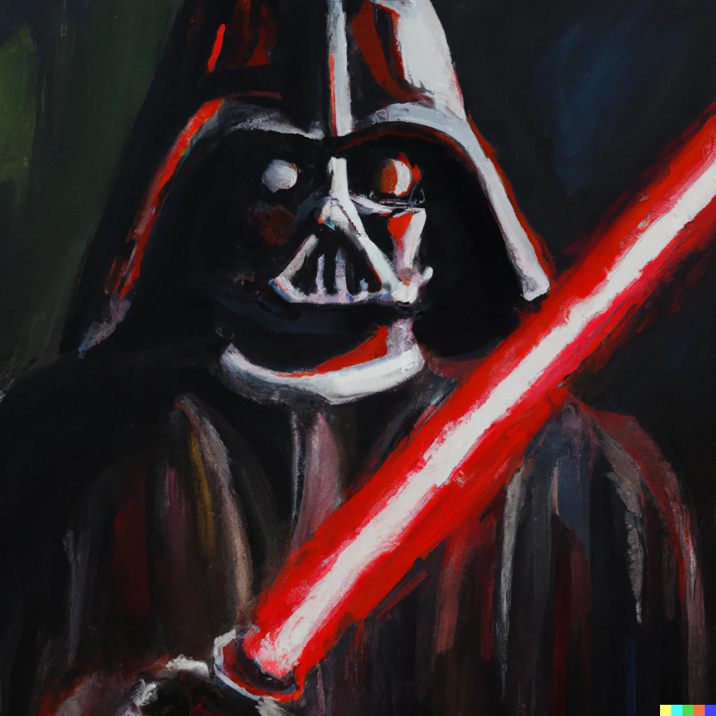 Prompt: An oil painting portrait of Darth Vader holding a red lightsaber against a dark background 