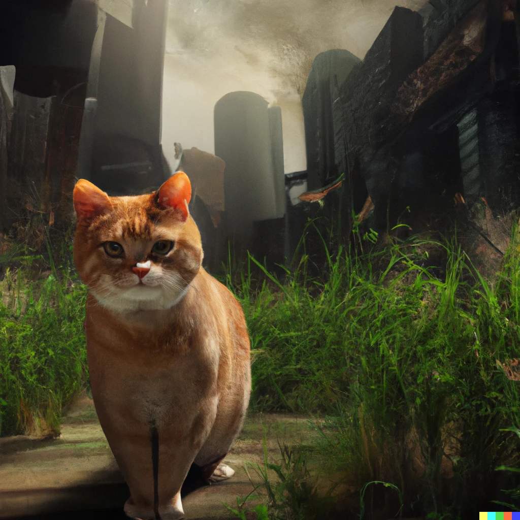 Prompt: a ginger cat in an abandoned  overgrown futuristic city 