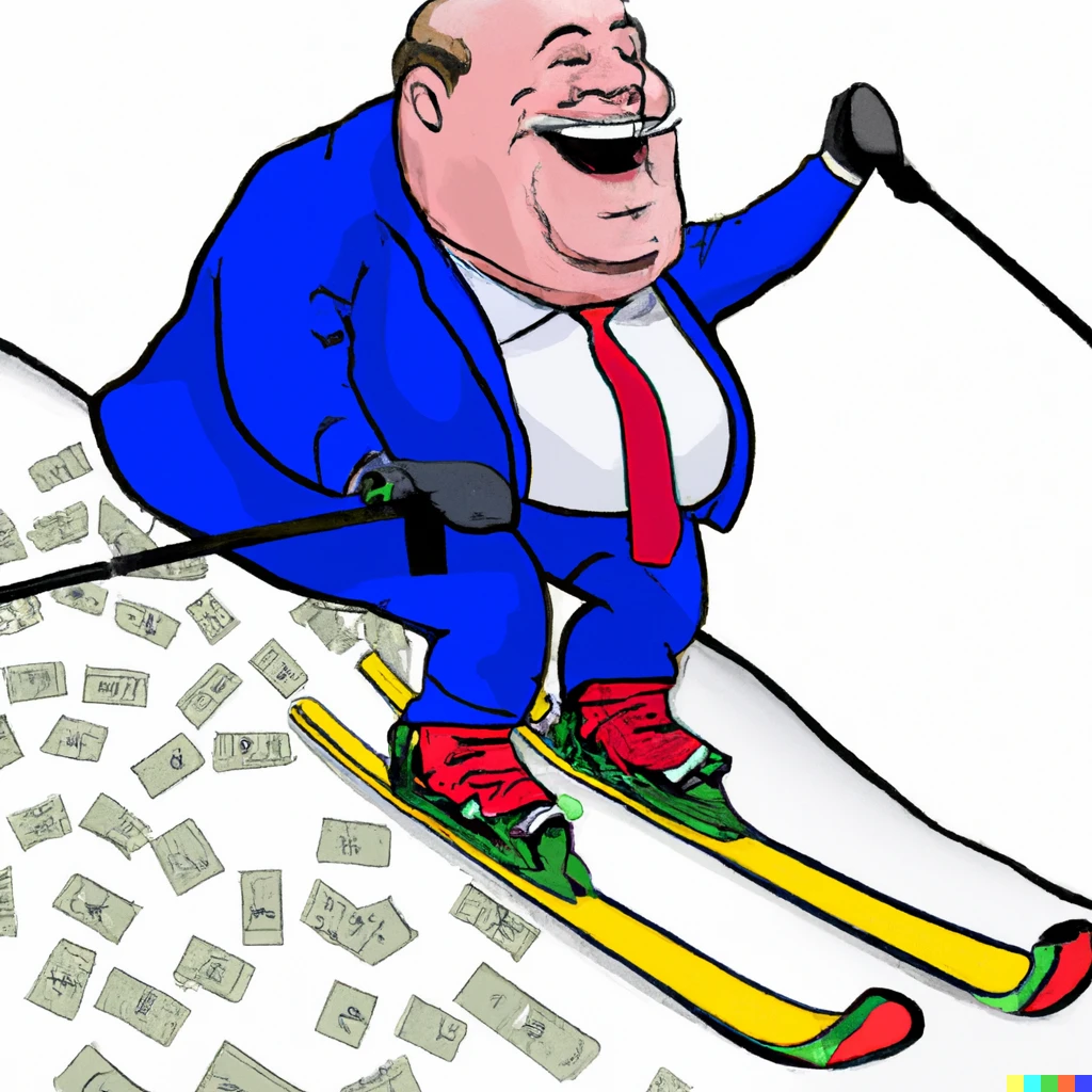 Prompt: A fat balding white American politician smiling and skiing down a mountain of money
