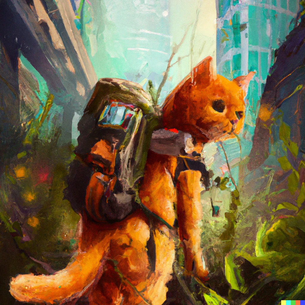Prompt: a ginger cat with a backpack on in an abandoned  overgrown futuristic city 