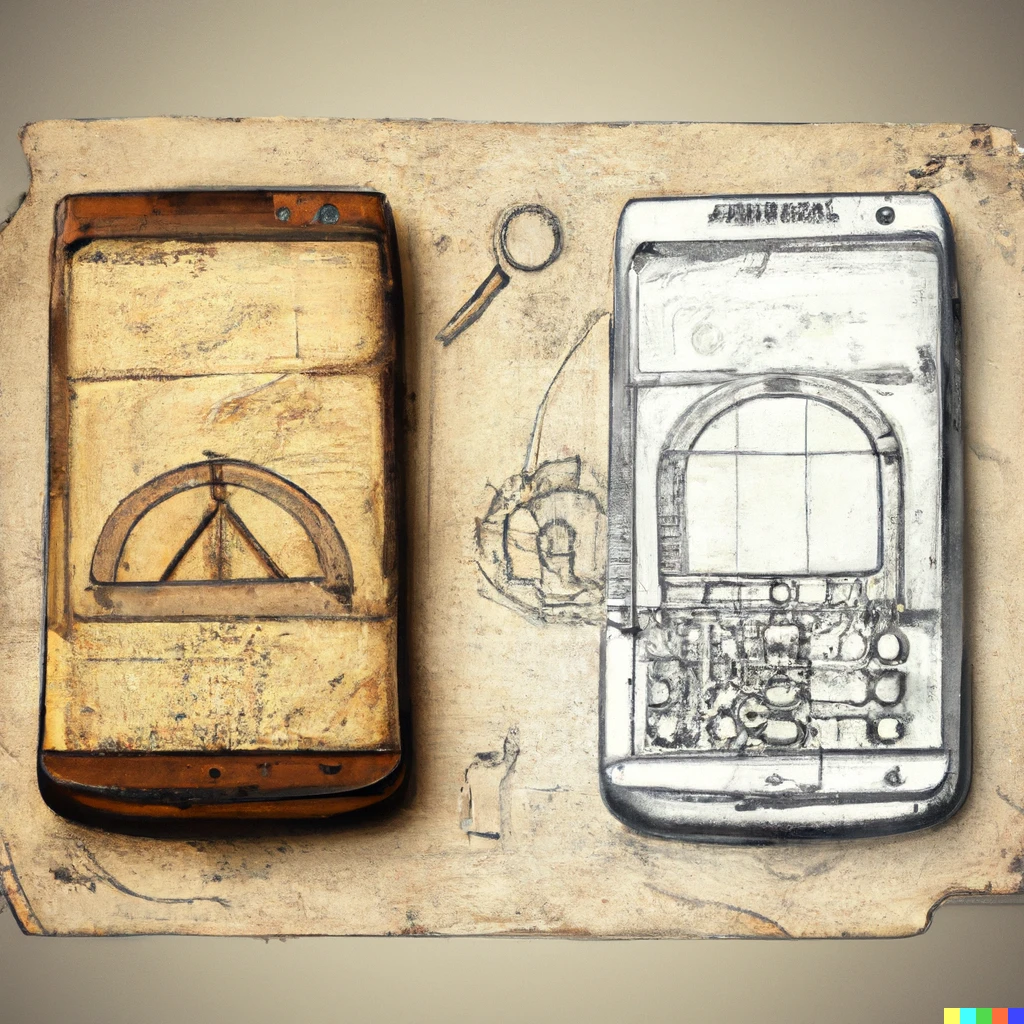 Prompt: sketch designs of a mobile phone in the style of a Leonardo da Vinci drawing on parchment paper