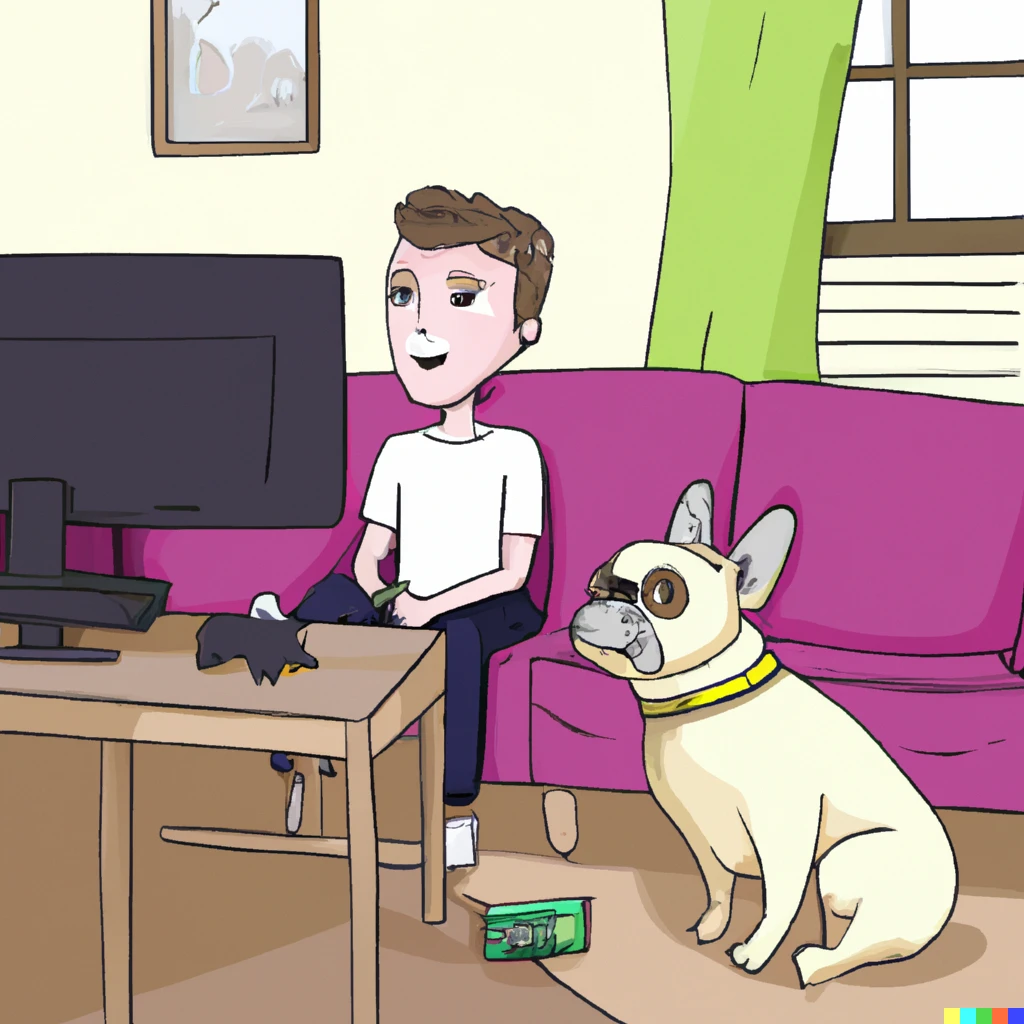 Prompt: A French bulldog and a teenager with braces on his teeth playing xbox games in the living room in the style of a rick and morty cartoon