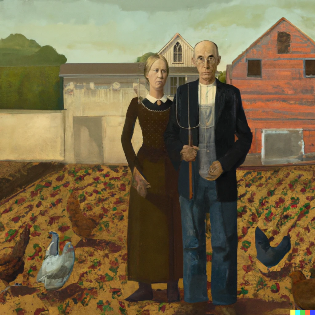 Prompt: A farmer and his wife standing in a farmyard with chickens and a pig sitting at his feet