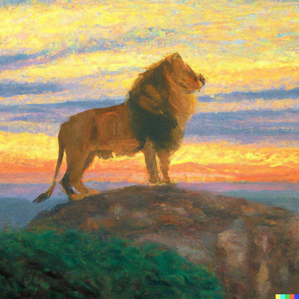 Prompt: A monet style oil painting of a lion standing on the edge of a cliff during sunset