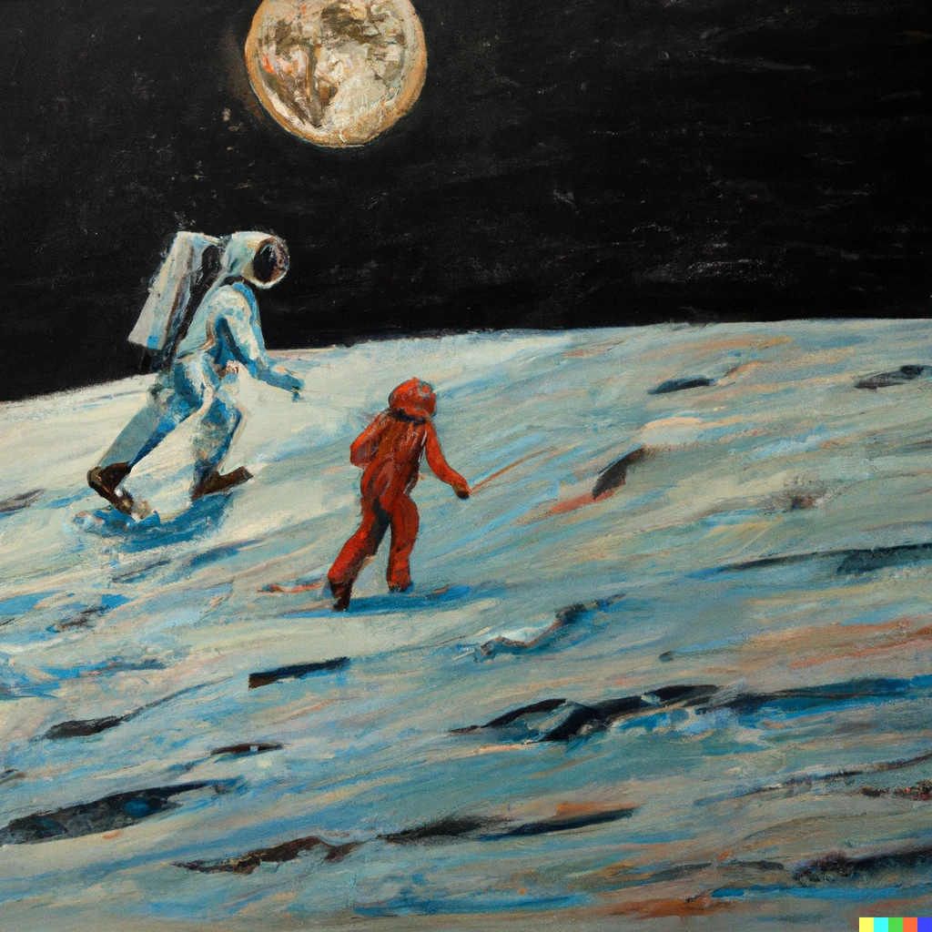 Prompt: An oil painting of the first tourist taking their first step on the moon