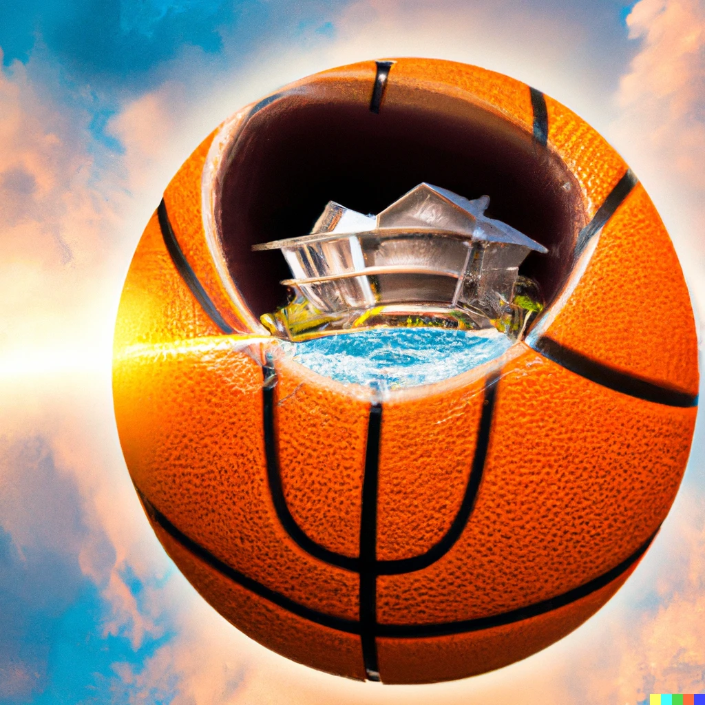 Prompt: a modern fancy mansion inside of a basketball that is bursting open 