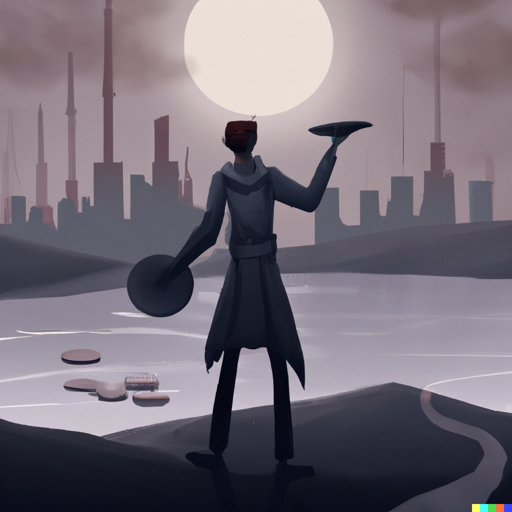 Prompt: a man stands against an apocolyptic city background, a river in the distance, moon in the sky, the man holds a stick in each hand, and on top of each stick is a dinner plate, digital art