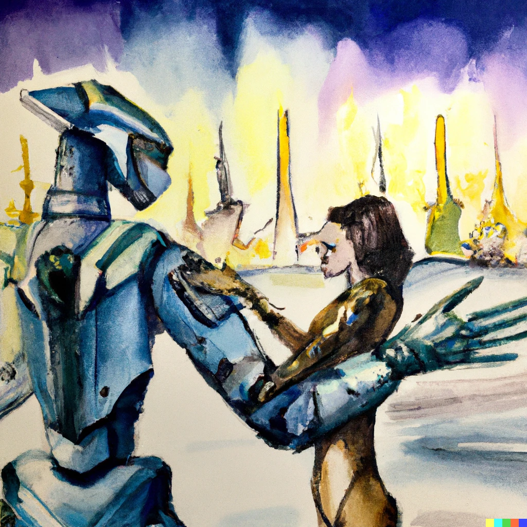 Prompt: a man dressed in a futuristic miltary uniform reaches out to hug a beautiful woman robot, in the background are space ships firing lasers and the city is on fire, watercolor