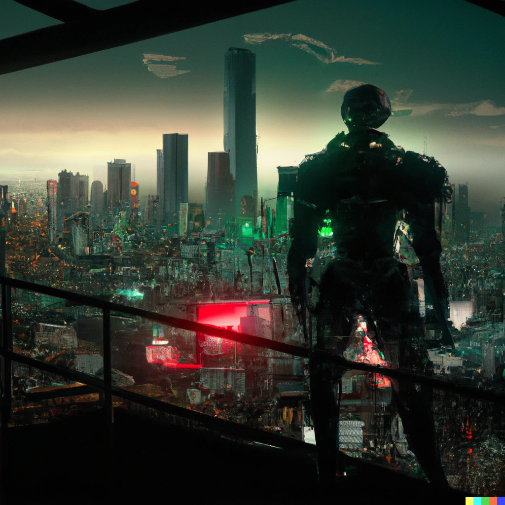 Prompt: a wise artificially intelligent robot watches over the people in a beautiful futuristic city, digital art