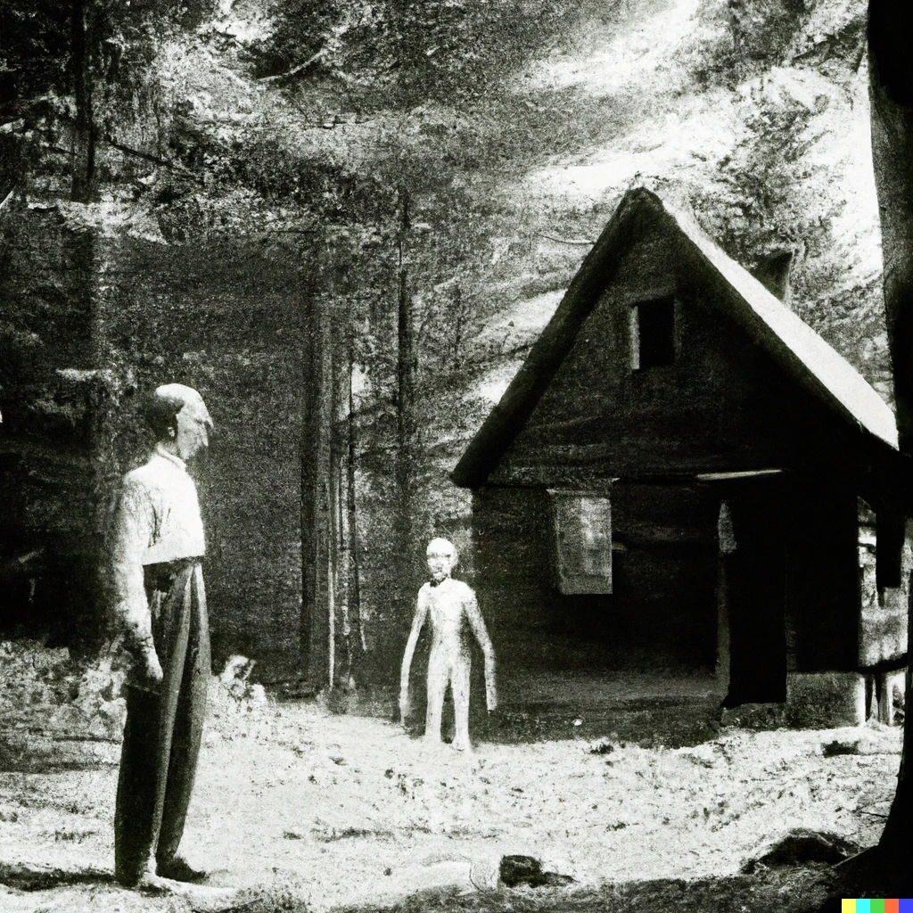 Prompt: an alien that is tall and thin talks to Henry D. Thoreau in front of his cabin near Walden Pond, photograph