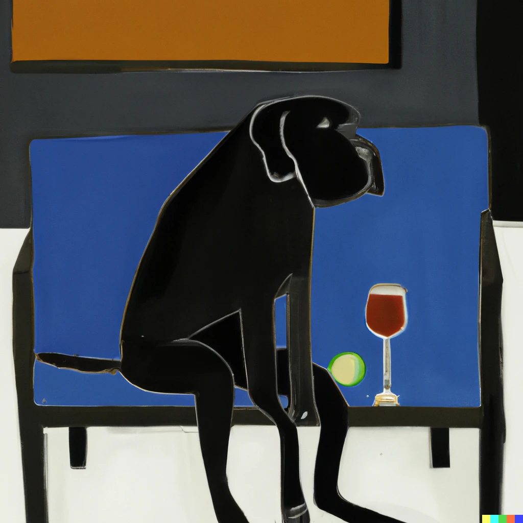 Prompt: A Bauhaus-style painting of a black lab sitting on a couch like people do, drinking a glass of wine.