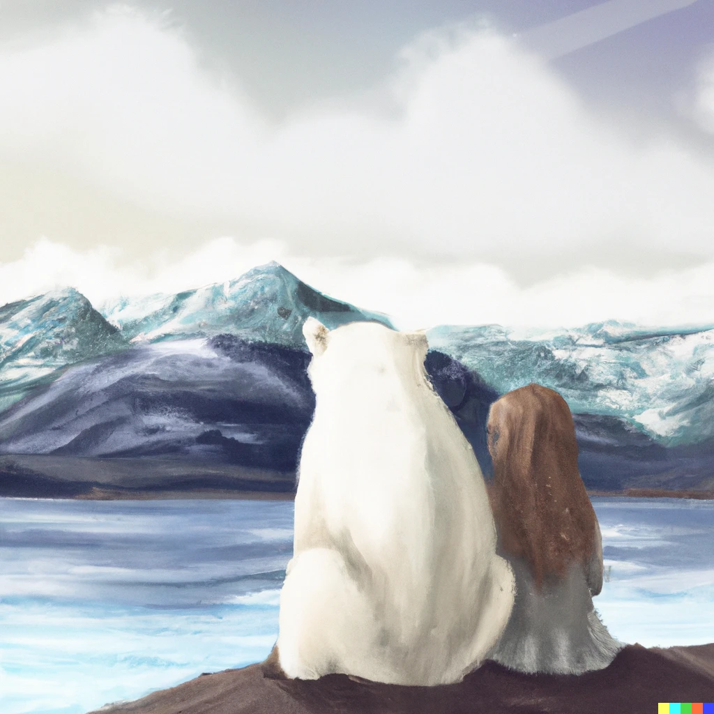Prompt: girl sitting next to a polar bear looking at lake and mountains digital art