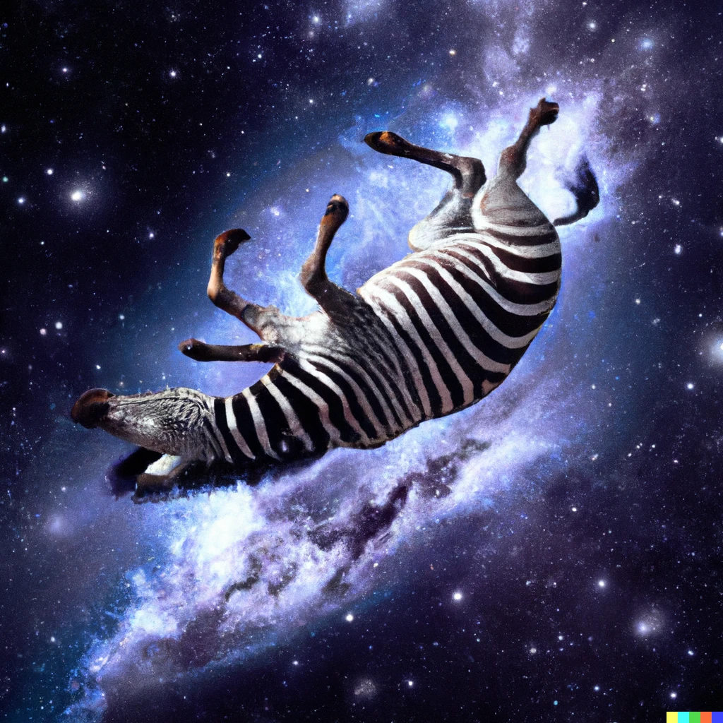 Prompt: A zebra floating in an unlimited universe in a photorealistic style