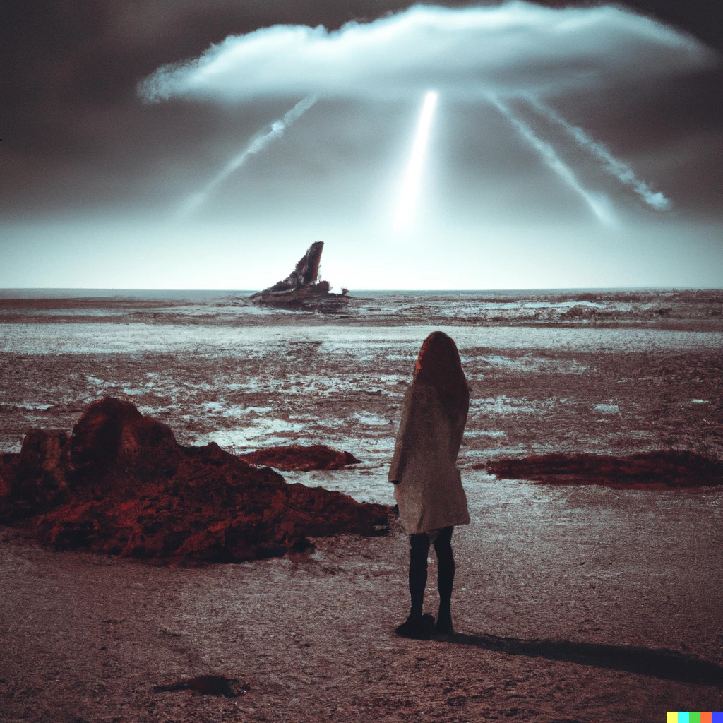 Prompt: Picture of a girl staring at a derelict spaceship that crash landed into an empty ocean. 