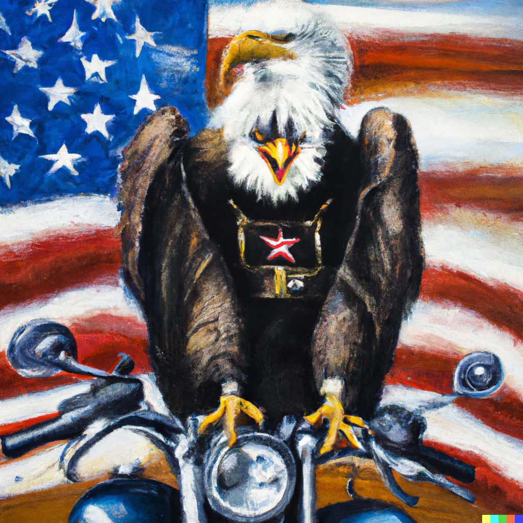 Prompt: Oil painting of a bald eagle wearing a leather vest, it's on a motorcycle in front of the American flag