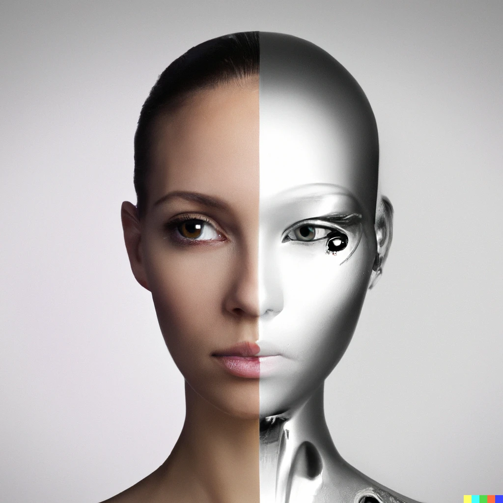 Prompt: Face of half woman, half robot
