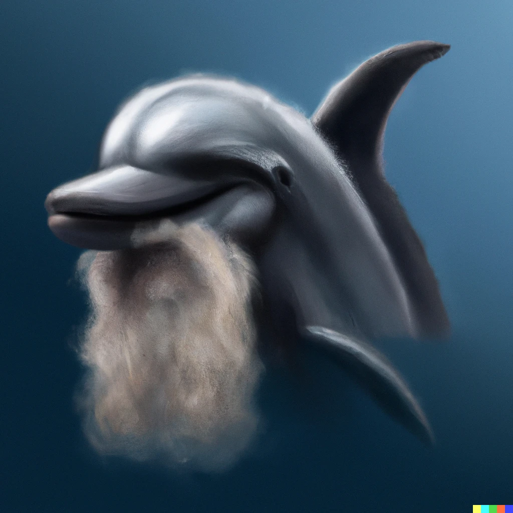 Prompt: photo-realistic dolphin with a human beard, award winning, in the style of Bob Ross. 