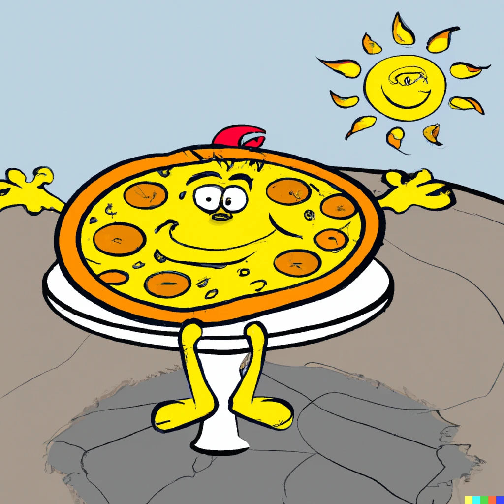 Prompt: Cartoon pizza sun tanning on a pizza stone outside. 