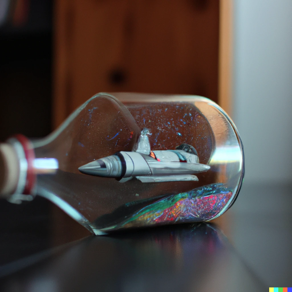 Prompt: A photo of a NASA space ship inside a glass bottle on a table. 