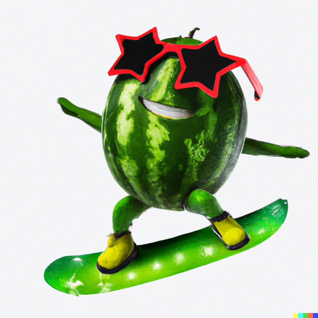 Prompt: A watermelon wearing star shaped sunglasses, riding a snowboard, photorealistic 