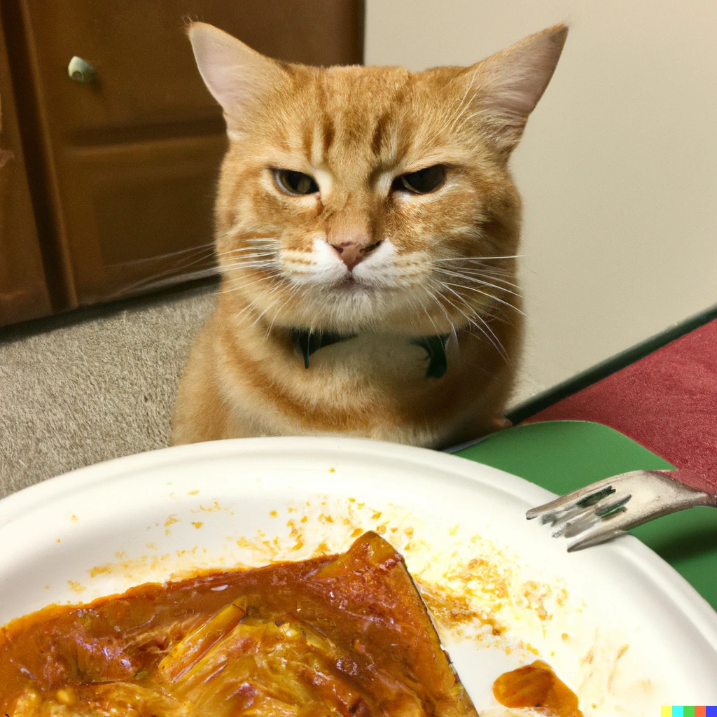Prompt: Annoyed orange cat about to eat some lasagna 