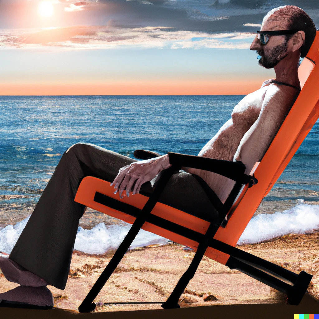 Prompt: Photo of Gordon Freeman from Half-Life sitting in a lounge chair on the beach. 