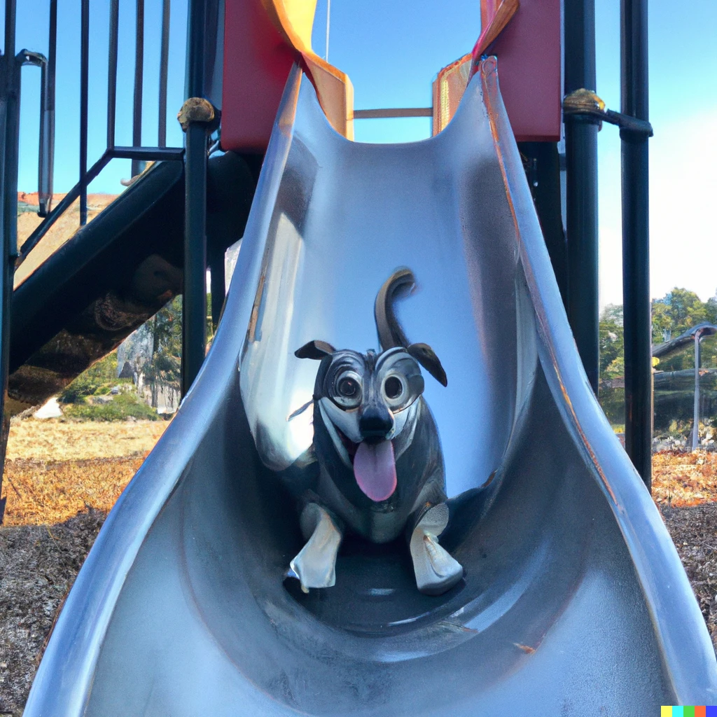 Prompt: photo of a dog going down a big slide at a playground.
