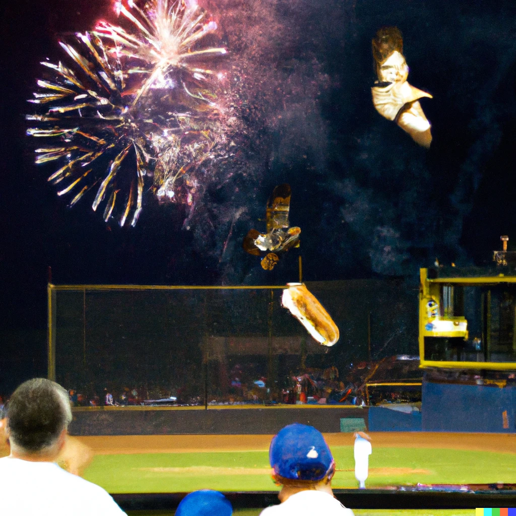 Prompt: Photo of Bald Eagles dropping hot dogs from the air to people sitting at a baseball game. There are fireworks in the air. 