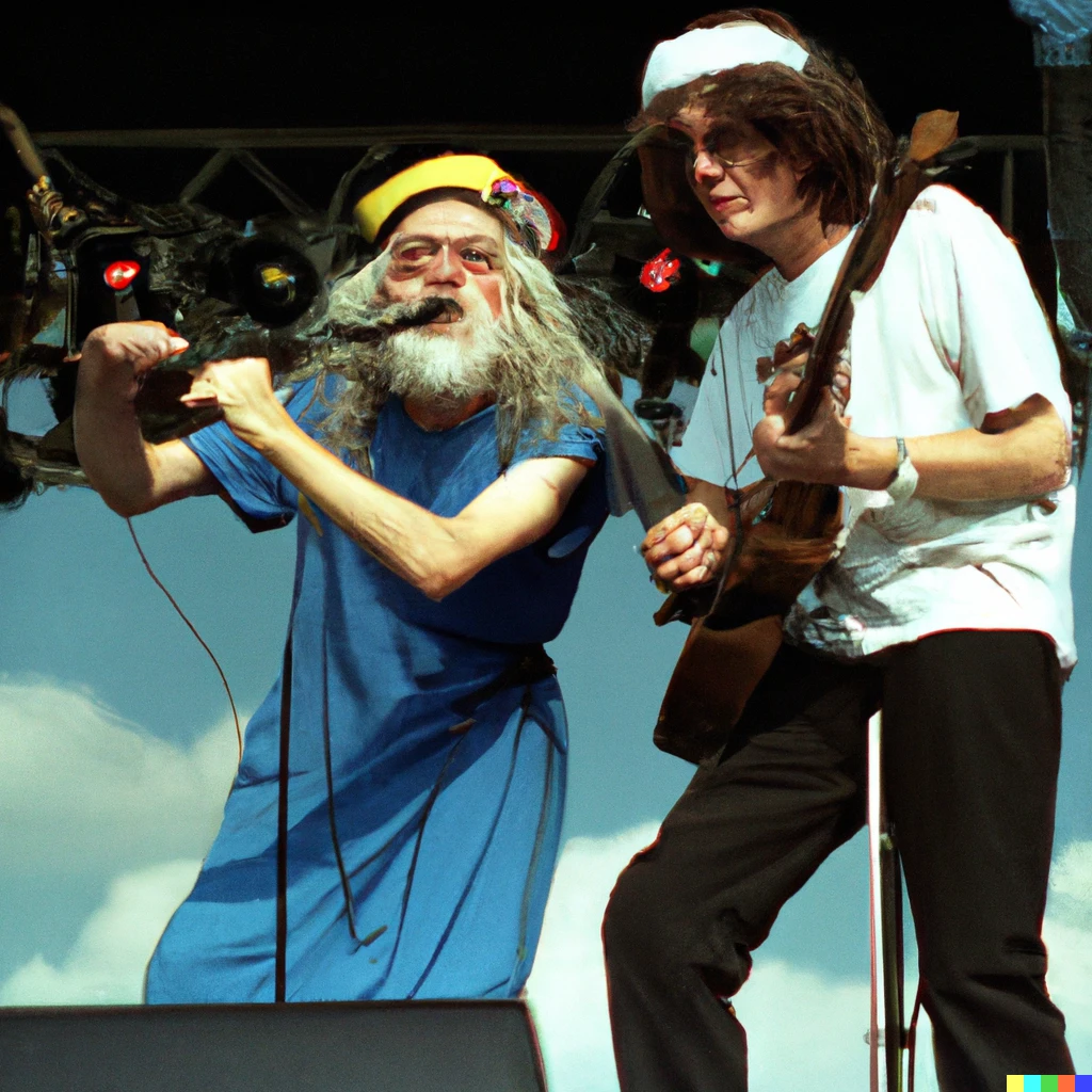 Prompt: Gandalf and Frodo performing at Lollapalooza 1994