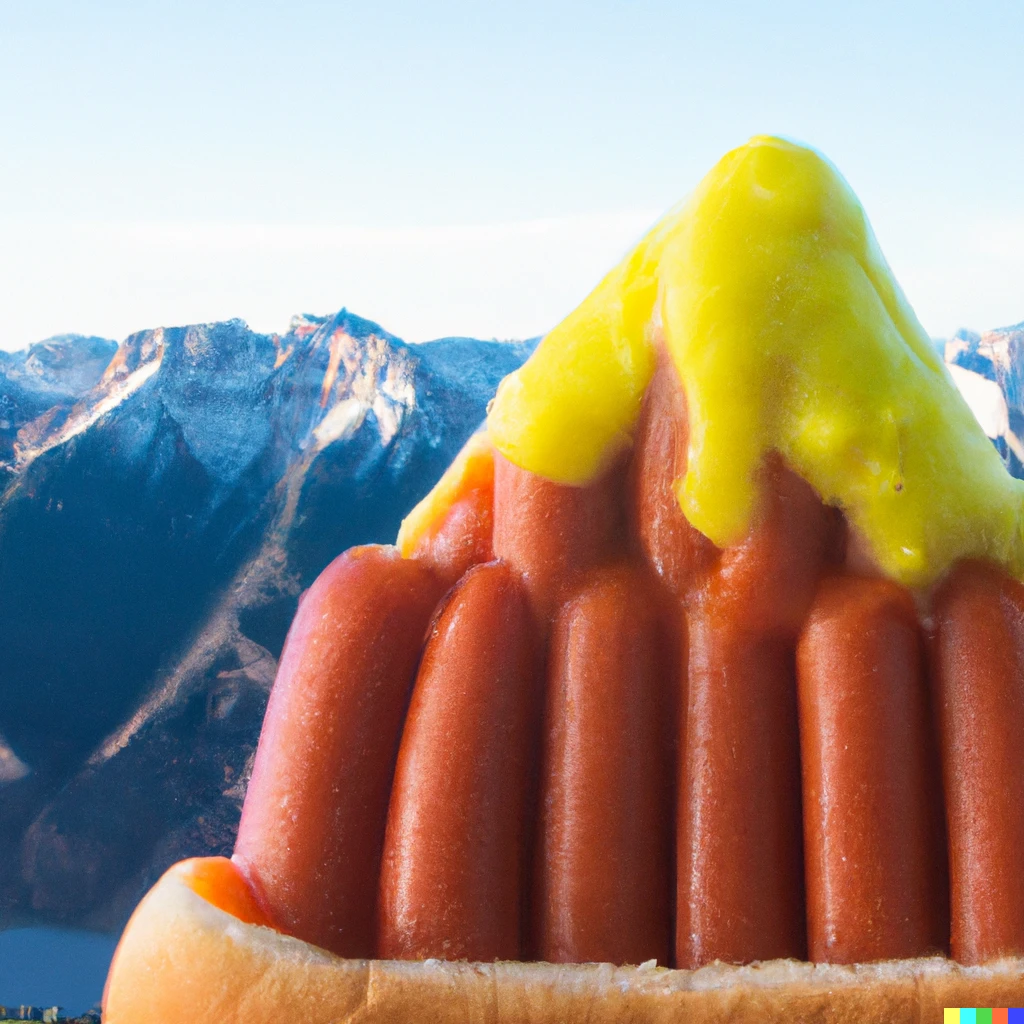 Prompt: Photo of a mountain made out of hot dog