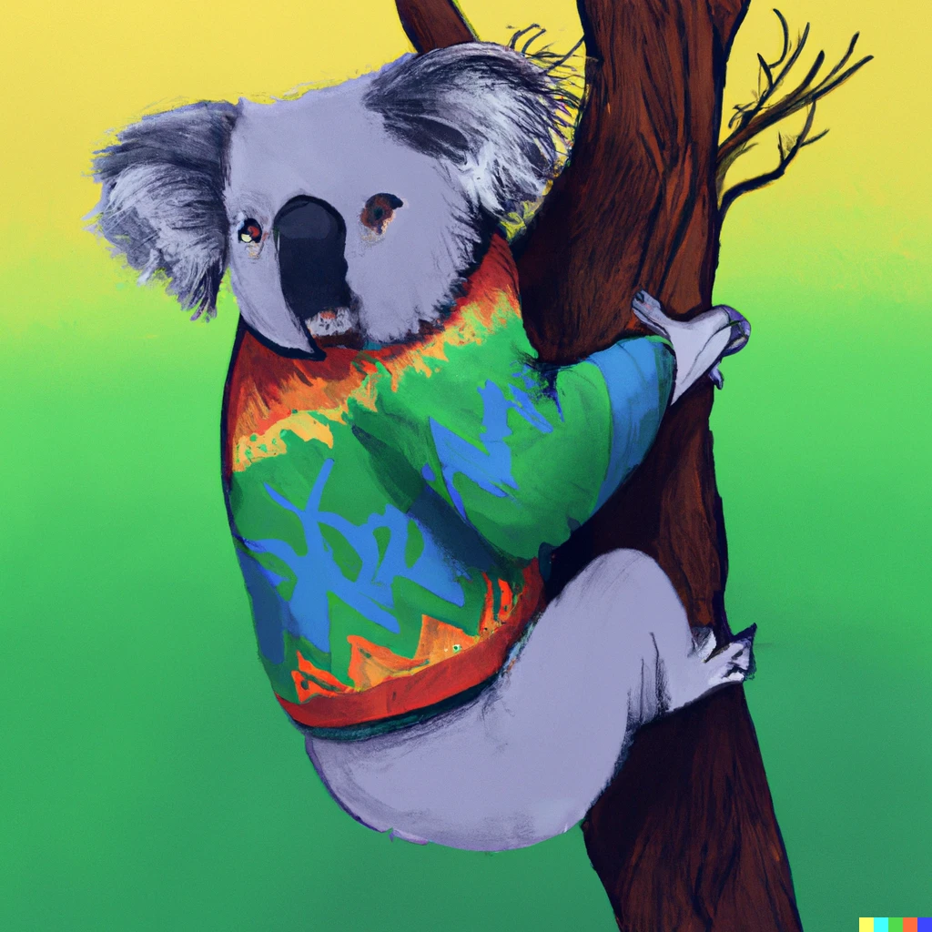 Prompt: A koala wearing a tie-dyed sweater climbing a tree. 