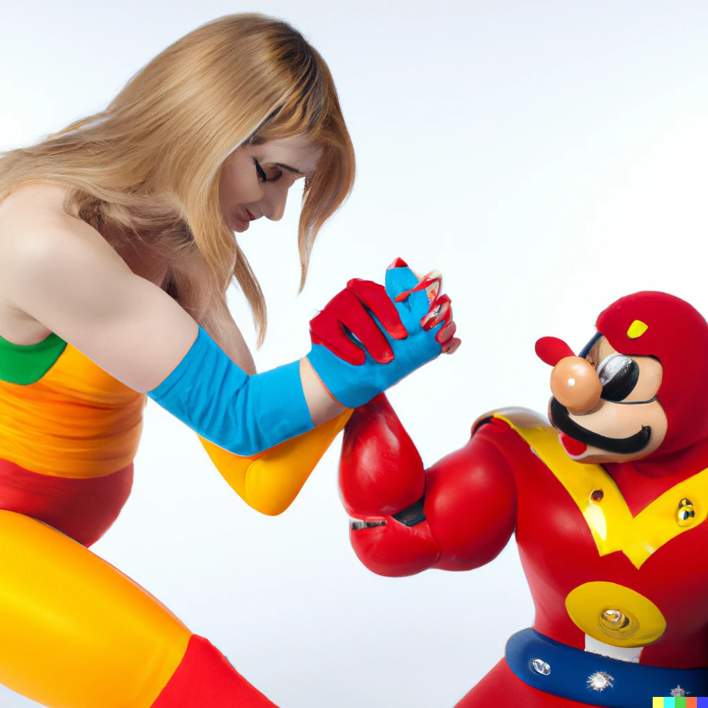 Prompt: Samus having an arm wrestling match with Mario 