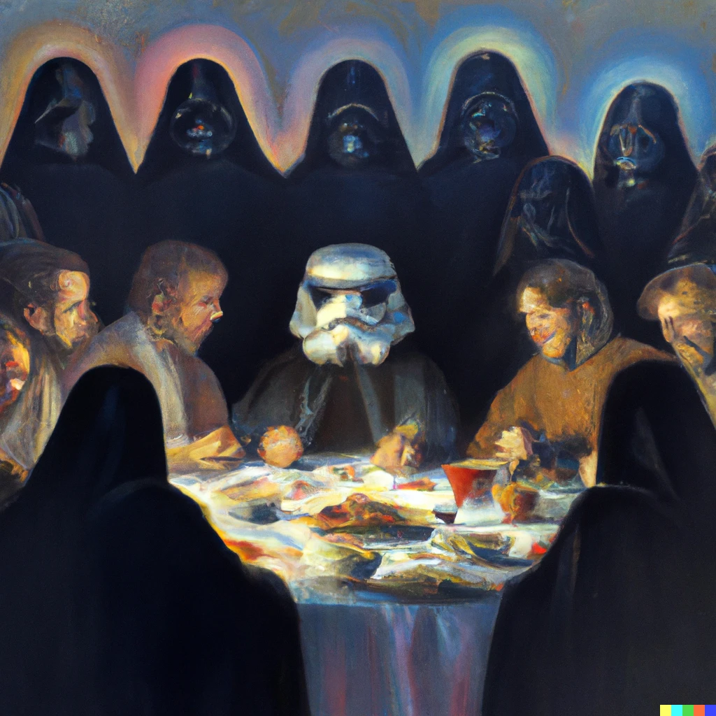Prompt: Darth Vader and the 12 jedi padawan, the Last Supper (oil on canvas)